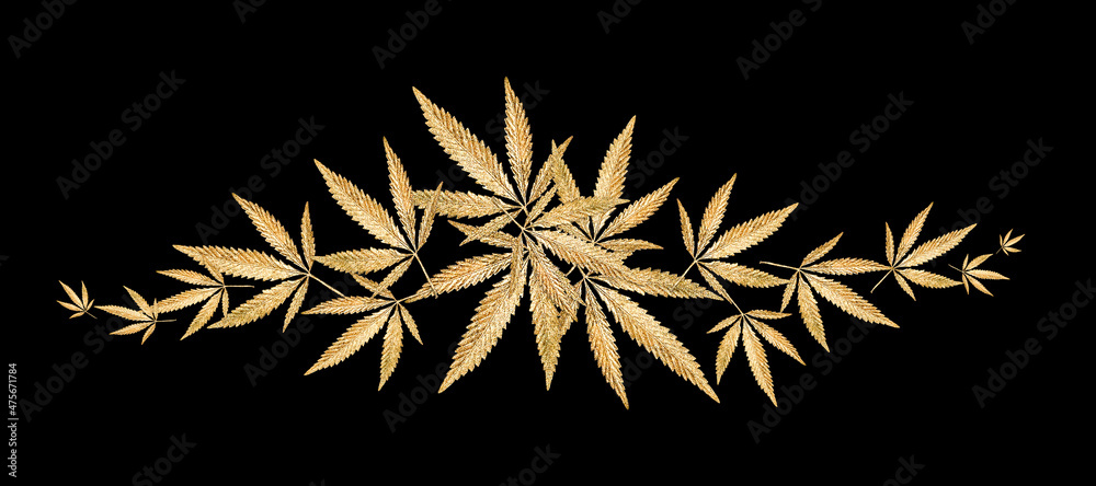 Abstract banner golden leaves cannabis marijuana fly on black background. Legalization medical hemp. Minimalist product mockups. Minimal branding creative trend, banner. High quality photo
