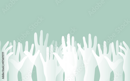 Hands of people of white transparent color of different nationalities and religions. Activists  feminists and other communities are fighting for equality. Blue background. 