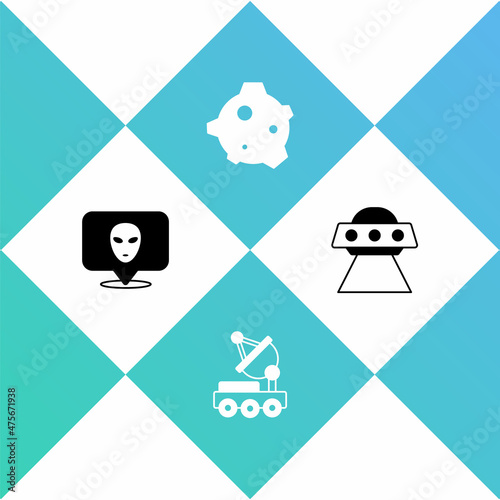 Set Alien, Mars rover, Asteroid and UFO flying spaceship icon. Vector