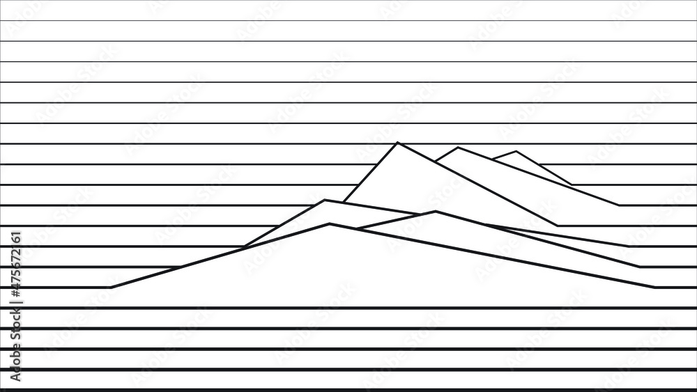 Poster with mountain landscape in line art style .Minimal design . Trendy brochure . Vector illustration . Poster with mountain landscape in line art style .Minimal design . Trendy brochure . Vector illustration .