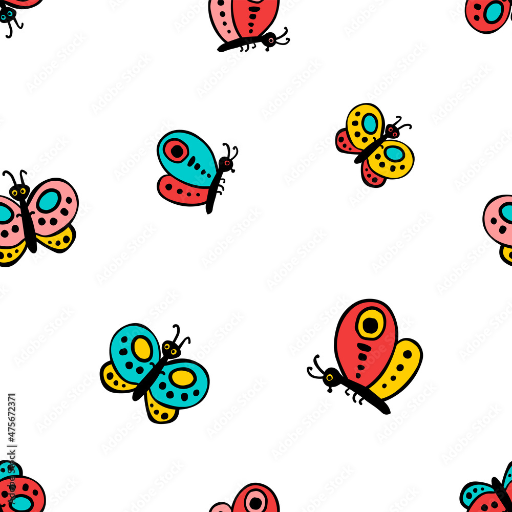 Vector seamless pattern of butterflies drawn in simple children style