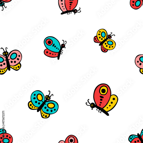 Vector seamless pattern of butterflies drawn in simple children style
