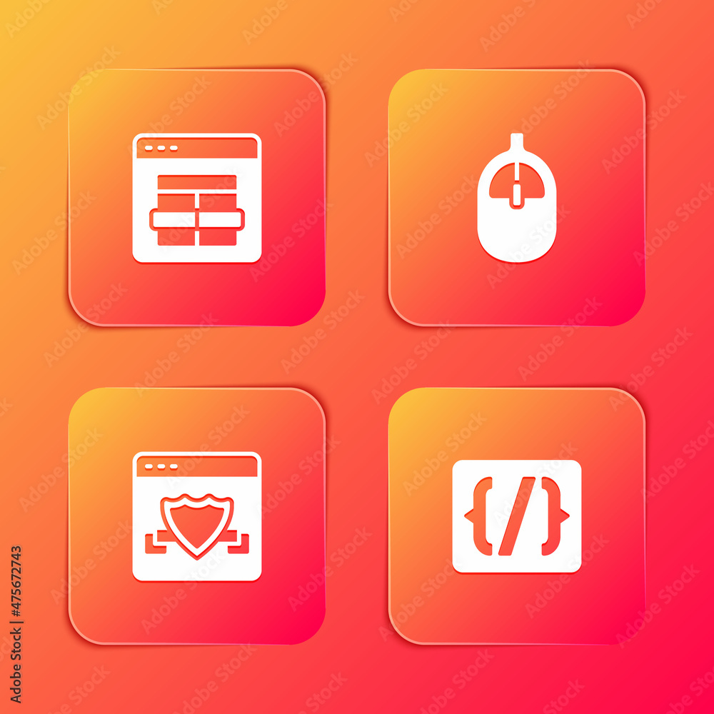 Set MySQL code, Computer mouse, Browser with shield and Programming language syntax icon. Vector Set MySQL code, Computer mouse, Browser with shield and Programming language syntax icon. Vector