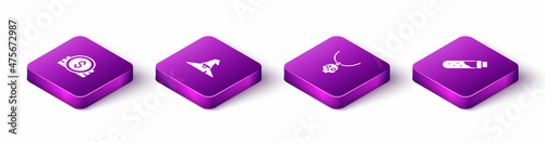 Set Isometric Ancient coin, Witch hat, Necklace amulet and Bottle with potion icon. Vector