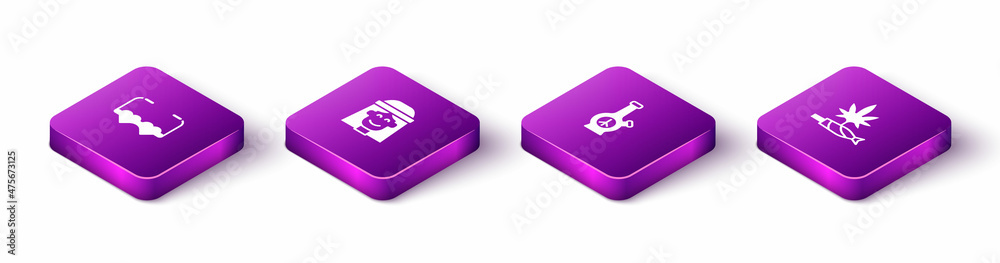 Set Isometric Heart shaped love glasses, Hippie girl, Bong and Marijuana joint, spliff icon. Vector Set Isometric Heart shaped love glasses, Hippie girl, Bong and Marijuana joint, spliff icon. Vector
