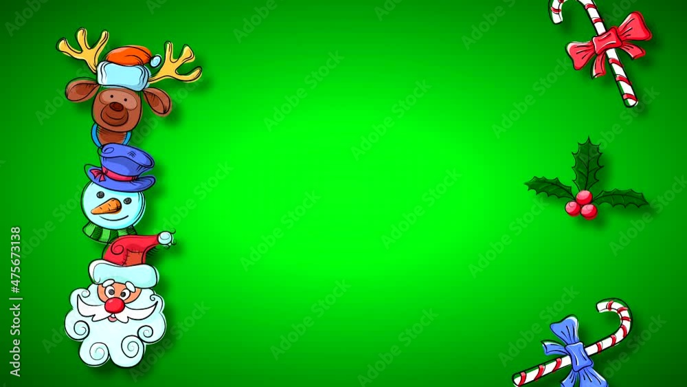 Looped abstract animation with Christmas characters on a gradient green background with free space for text. Looped abstract animation with Christmas characters on a gradient green background with free space for text.