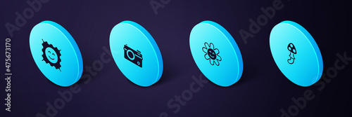 Set Isometric Psilocybin mushroom, Flower, Photo camera and LSD acid mark icon. Vector
