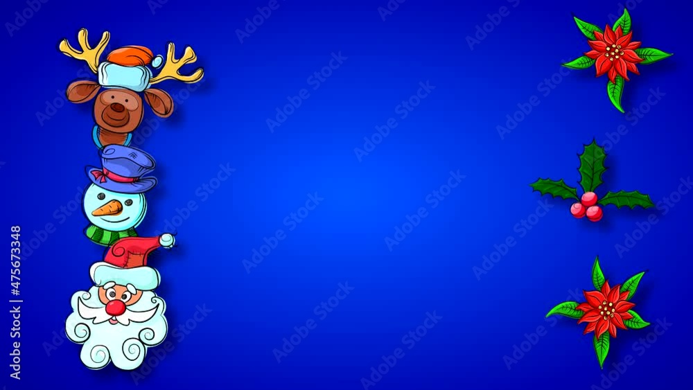 Looped abstract animation with Christmas characters on a gradient blue background with free space for text. Looped abstract animation with Christmas characters on a gradient blue background with free space for text.