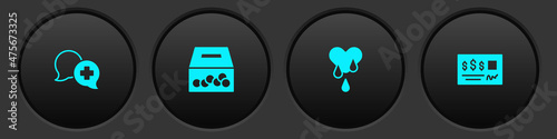 Set Dialogue with doctor, Donation and charity, Blood donation and Bank check icon. Vector