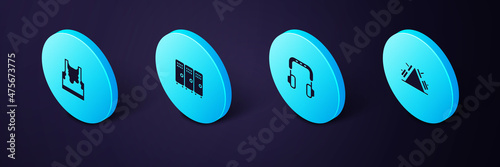 Set Isometric Metal rack with weight, Headphones, Locker or changing room and Sweaty sleeveless t-shirt icon. Vector