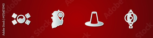 Set South Korea flag, map, Korean hat and lantern icon. Vector