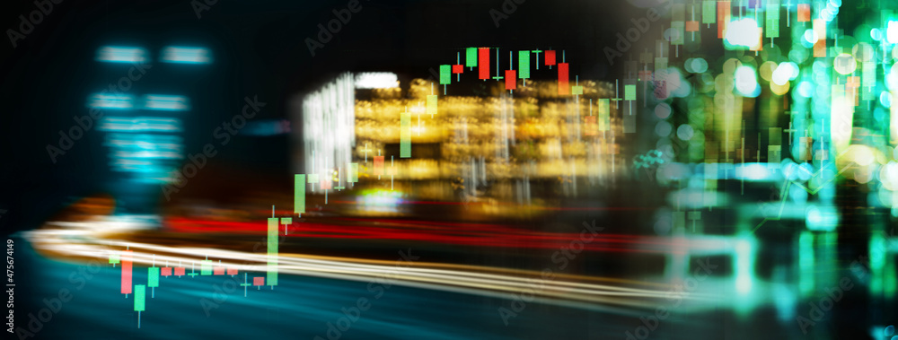 city street night light and index number and graph of stock market business abstract banner business background