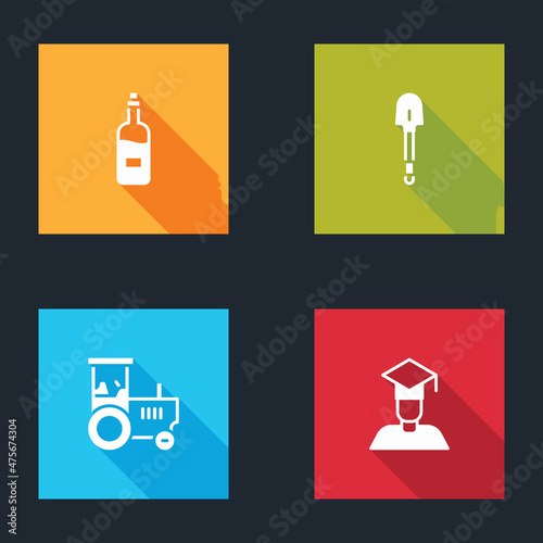 Set Bottle of wine  Shovel  Tractor and Graduate and graduation cap icon. Vector