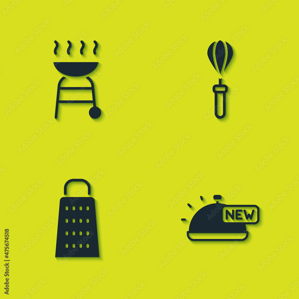 Set Barbecue grill, Covered with tray of food, Grater and Kitchen whisk icon. Vector Set Barbecue grill, Covered with tray of food, Grater and Kitchen whisk icon. Vector