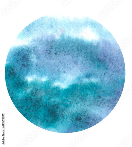 Blue-green abstract watercolor background in circle executed by watercolors.