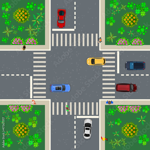 Crossroad top view with cars, roads, and people on sidewalk and crosswalks.Above view of city.Street urban with transport on cross road.Freeway travel driving concept. Traffic laws.Vector illustration