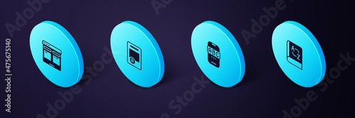 Set Isometric Translator book, Foreign language online study, Exam sheet with A plus grade and Online translator icon. Vector