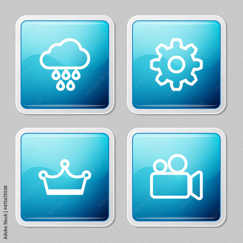 Set line Cloud with rain, Cogwheel gear settings, Crown and Movie or Video camera icon. Vector Set line Cloud with rain, Cogwheel gear settings, Crown and Movie or Video camera icon. Vector