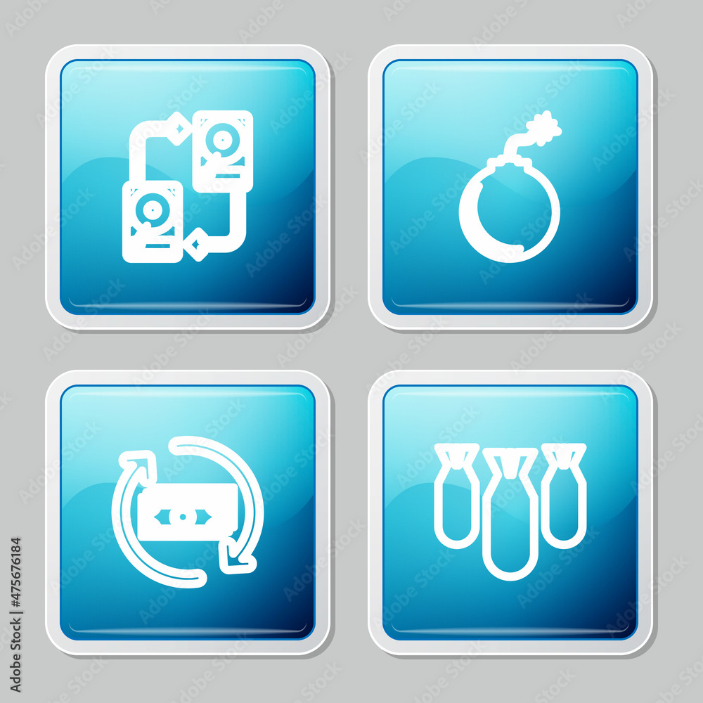 Set line Data exchange with hhd, Bomb ready to explode, Refund money and Aviation bombs icon. Vector Set line Data exchange with hhd, Bomb ready to explode, Refund money and Aviation bombs icon. Vector