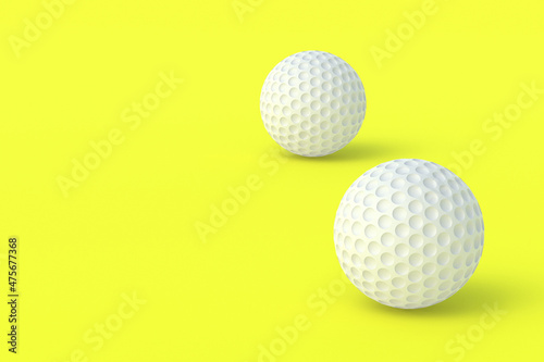 International competitions. Sports Equipment. Leisure and hobby games. Luxurious tournaments. Fan club. Golf balls on yellow background. Copy space. 3d render