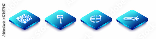 Set Isometric line Rafting boat, Wooden axe, Canteen water bottle and Flashlight icon. Vector