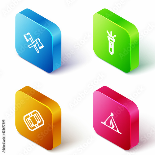 Set Isometric line Crossed wooden axe, Flashlight, Rafting boat and Tourist tent with flag icon. Vector