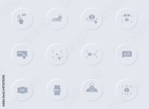 augmented reality gray vector icons on round rubber buttons. virtual reality icon set for web, mobile apps, ui design and promo business polygraphy