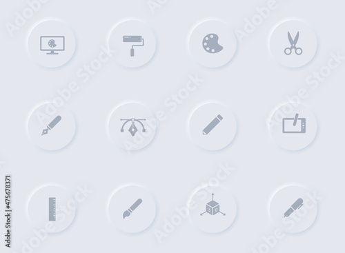 art and design gray vector icons on round rubber buttons. art and design icon set for web, mobile apps, ui design and promo business polygraphy