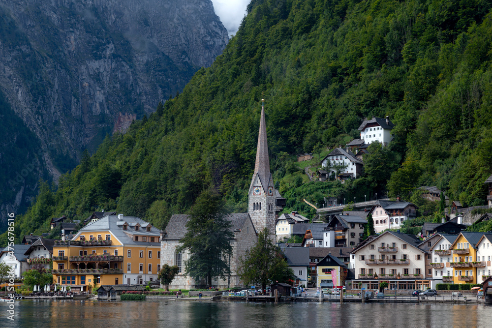 beautiful landscapes with mountains and clouds , pictures  of Hallstatt city in Austria 