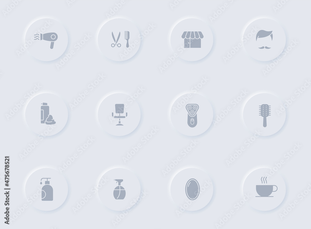 barbershop gray vector icons on round rubber buttons. barbershop icon set for web, mobile apps, ui design and promo business polygraphy barbershop gray vector icons on round rubber buttons. barbershop icon set for web, mobile apps, ui design and promo business polygraphy