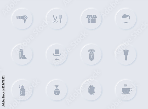 barbershop gray vector icons on round rubber buttons. barbershop icon set for web, mobile apps, ui design and promo business polygraphy