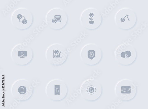 bitcoin gray vector icons on round rubber buttons. bitcoin icon set for web, mobile apps, ui design and promo business polygraphy