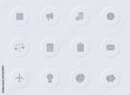 business gray vector icons on round rubber buttons. business icon set for web, mobile apps, ui design and promo business polygraphy