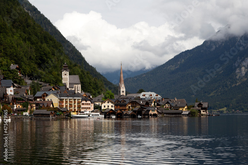 beautiful landscapes with mountains and clouds   pictures  of Hallstatt city in Austria 