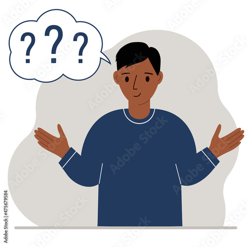 Conceptual illustration of a man who has many questions and question marks in his mind.