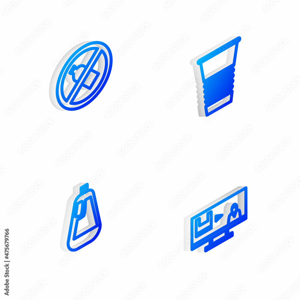 Set Isometric line Paper glass, No plastic bottle, Bottle for dishwashing liquid and Stop pollution icon. Vector Set Isometric line Paper glass, No plastic bottle, Bottle for dishwashing liquid and Stop pollution icon. Vector