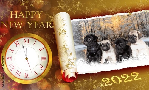 Happy New Year With Cute Pugs, Clock And Golden Snow photo