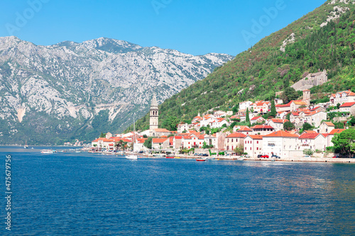 Fototapeta Naklejka Na Ścianę i Meble -  Perast Montenegro old town . Coastal town at Kotor Bay . Scenery of water bay and mountains