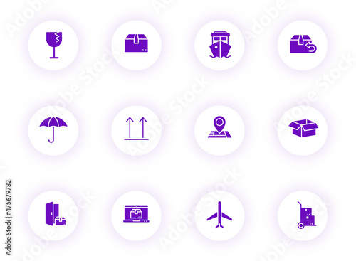 delivery purple color vector icons on light round buttons with purple shadow. delivery icon set for web, mobile apps, ui design and print