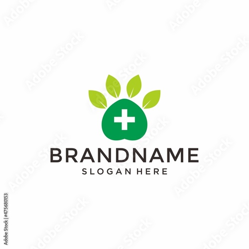 Paw pet with leaf nature health logo design inspiration