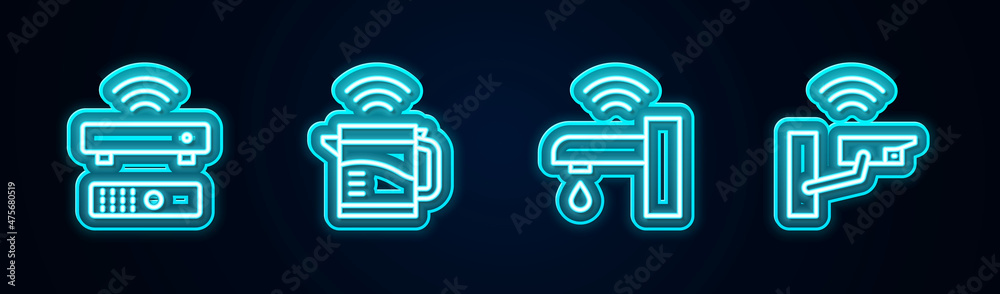 Set line Wireless TV box receiver, Smart electric kettle, water tap and security camera. Glowing neon icon. Vector Set line Wireless TV box receiver, Smart electric kettle, water tap and security camera. Glowing neon icon. Vector
