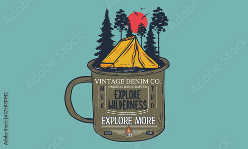 Mountain camping vector graphic print design. Wild artwork at the mug for apparel, sticker, batch, background, poster and others.