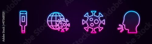Set line Medical thermometer, Earth globe with virus, Virus and Man coughing. Glowing neon icon. Vector