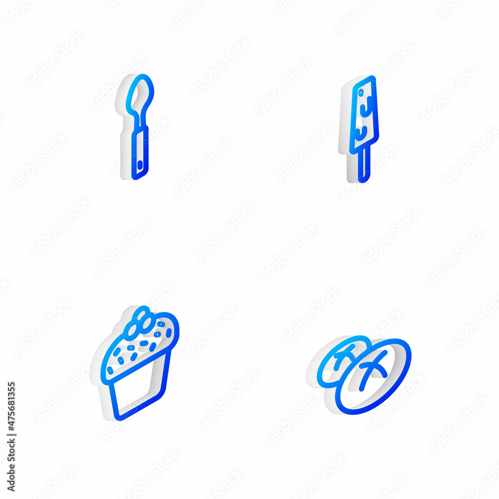 Set Isometric line Ice cream, Spoon, Cake and Bread loaf icon. Vector Set Isometric line Ice cream, Spoon, Cake and Bread loaf icon. Vector