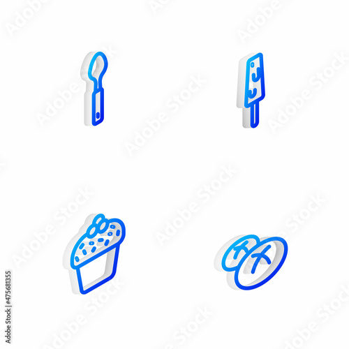 Set Isometric line Ice cream  Spoon  Cake and Bread loaf icon. Vector