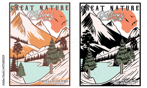 Great nature vector print design. Mountain lake artwork  for apparel, sticker, batch, background, poster and others.