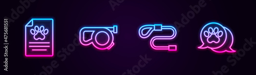 Set line Clinical record pet, Retractable leash, and Paw print. Glowing neon icon. Vector