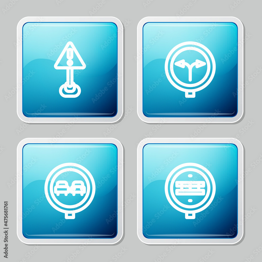 Set line Exclamation mark in triangle, Fork the road, No overtaking traffic and Railroad crossing icon. Vector Set line Exclamation mark in triangle, Fork the road, No overtaking traffic and Railroad crossing icon. Vector