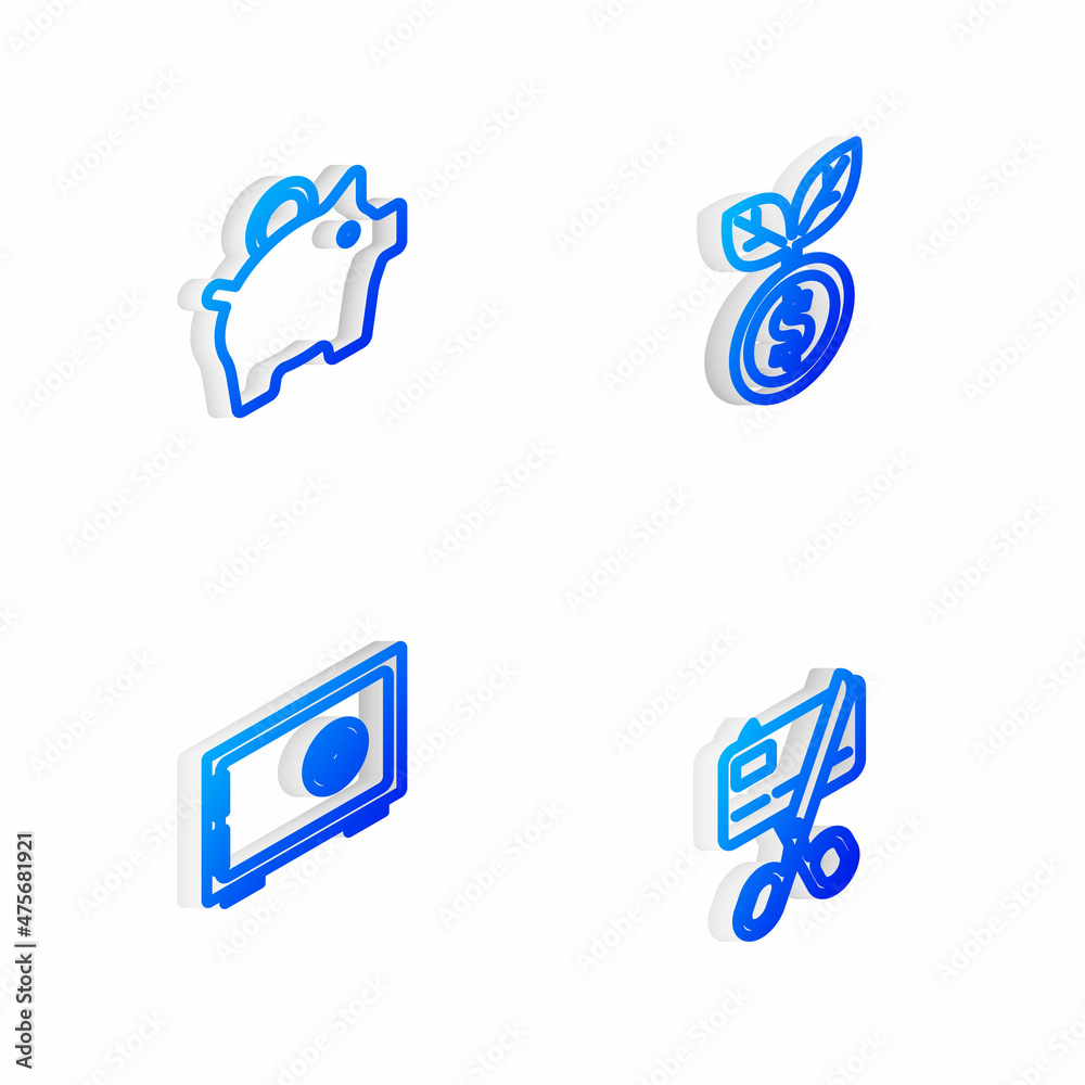Set Isometric line Dollar plant, Piggy bank, Safe and Scissors cutting credit card icon. Vector Set Isometric line Dollar plant, Piggy bank, Safe and Scissors cutting credit card icon. Vector