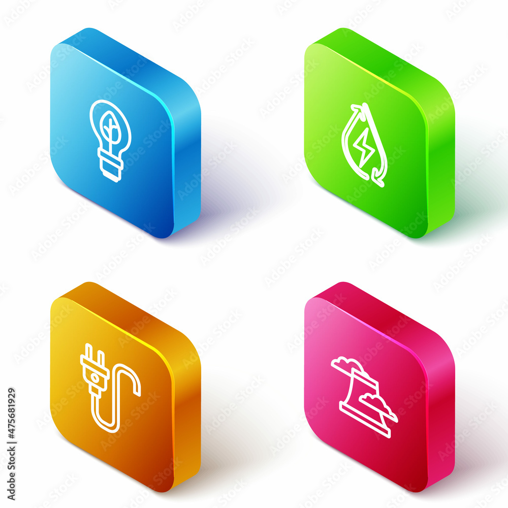 Set Isometric line Light bulb with leaf, Water energy, Electric plug and Nuclear power plant icon. Vector Set Isometric line Light bulb with leaf, Water energy, Electric plug and Nuclear power plant icon. Vector